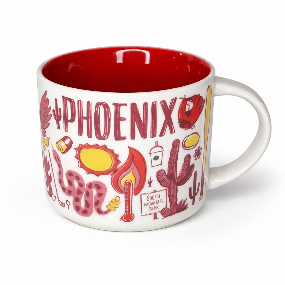 Starbucks Phoenix Ceramic Mug in White and Red with Yellow Accents